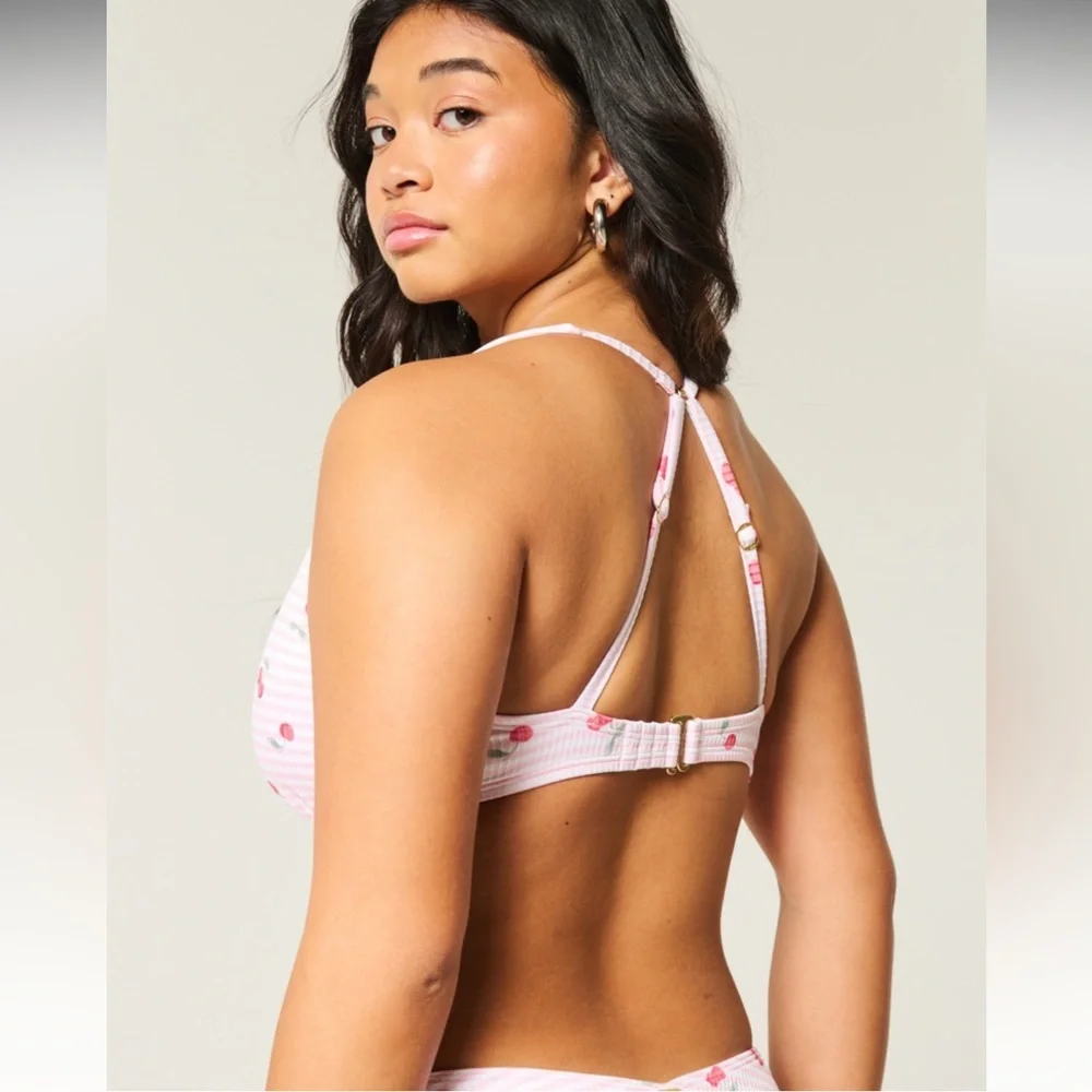 Hollister Pink White Striped Cherry Print Bikini Set
